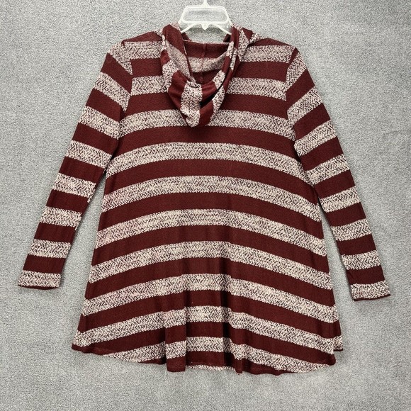T/O Sweaters Cardigan Womens Size M red‎ wine Stripe Long Sleeve Hooded Stretch - Picture 2 of 11
